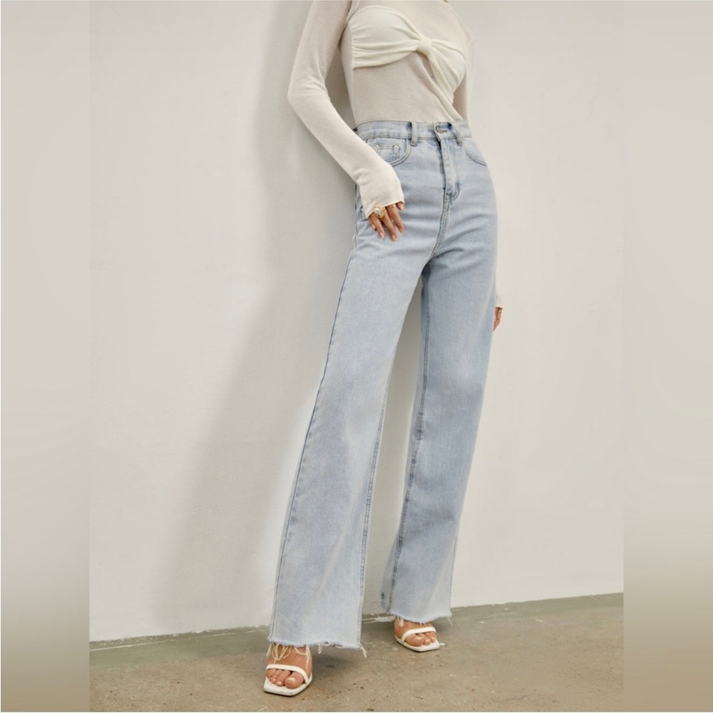 Light wash blue denim jeans- straight leg raw hem perfect closet essential jeans - Picture 7 of 12